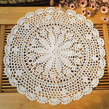 Imagem de Polkar 2 peças de algodão feito à mão crochê toalha de mesa toalha de mesa toalha de mesa (bege-2 peças-35 cm-B)