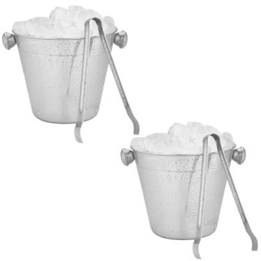 Imagem de Kit com 2 Balde De Gelo 1 Litro em Inox Baldinho 12cm Com Alças e Pinça Pegador de Gelo Whisky Drinks