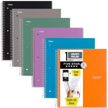 Imagem de Cadernos com espiral Five Star, papel quadriculado, 100 folhas, cores variadas, 21,6 x 27,9 cm, pacote com 6