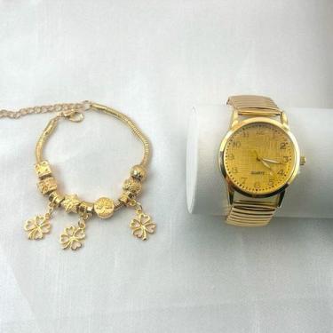 Imagem de Kit relógio e pulseira conjunto - NoBrand, Kit trevo dourado