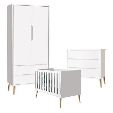 Imagem de Quarto De Bebê Theo 2 Portas Com Cômoda Gaveteiro Branco Acetinado Pés Madeira Natural - Reller