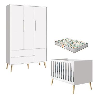 Imagem de Berço Americano E Guarda Roupa 3 Portas Theo Branco Pés Madeira Natural Com Colchão Gazin ? Reller