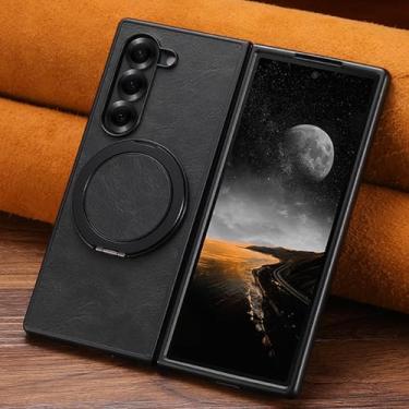 Imagem de Capa para Galaxy Z Fold6 com ímã e carregamento sem fio, capa de celular com cera de óleo, couro sintético, suporte giratório 360° e fivela (para Galaxy Z Fold6/preto)