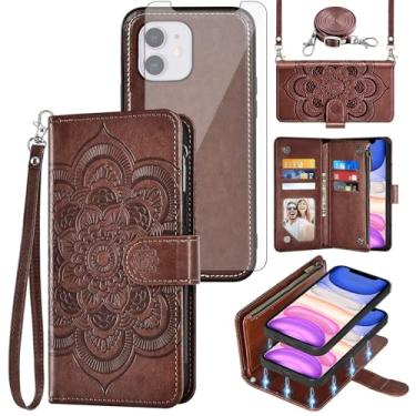 Imagem de Asuwish Capa de telefone para iPhone 11 6.1 com zíper carteira celular com protetor de tela de vidro temperado alça transversal alça de flor porta-cartão iphone 11 capa iPhone 11 i Phone11 11s XI 11R