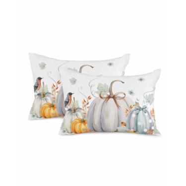 Imagem de Capas de almofada de outono 50 x 30 cm conjunto de 2 capas de almofada de abóbora brancas decorativas outono folha pássaro Hello Fall Thanksgiving fronhas para sofá cama decoração de sofá cama capas