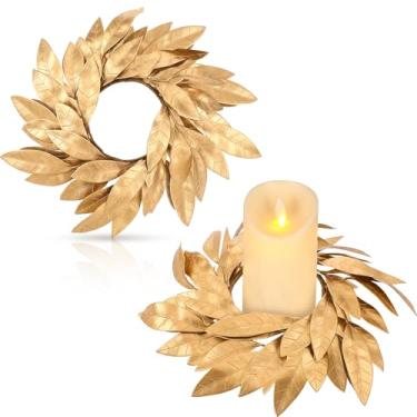Imagem de Domensi 2 peças de anéis de vela de folha de louro artificial de Natal de folha de louro guirlanda para velas de pilar, suporte de velas de 9 cm para decoração de mesa rústica de Natal