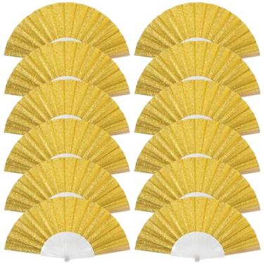Imagem de Pacote com 12 ventiladores de mão, ventilador dobrável de glitter com nervuras transparentes brilhantes – Ideal para casamento, igreja, festival, dança, festa de chá, clube e acessórios EDM, amarelo