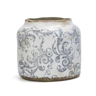 Imagem de Vaso de cerâmica grande vintage, padrão floral branco e cinza, acabamento envelhecido (cinza)
