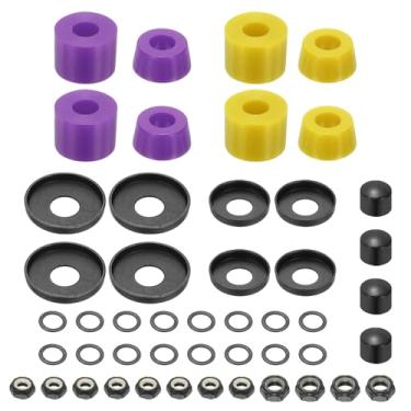 Imagem de YELARXI Buchas de skate, kit de prancha longa de reconstrução de caminhão de skate buchas arruelas copos pivô para (peças de skate ao ar livre) 92A e 2 pacotes e PU e roxo/laranja