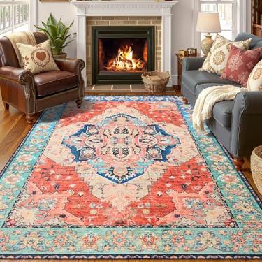 Imagem de YJ.GWL Tapetes de área para sala de estar, 12 x 18 cm, laváveis à máquina, antiderrapante, abstrato, vintage, boho, tapete interno, grande para sala de jantar, sala de jogos, cozinha, vermelho e azul