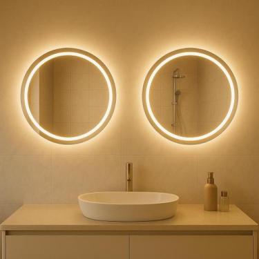 Imagem de Kit 2 Espelho Redondo Jateado Com Led 50x50 Cm Lapidado Luxo - Espelho