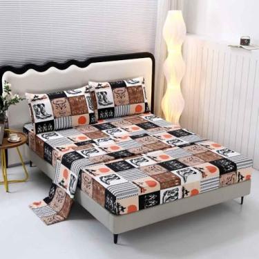 Imagem de SDY 4 peças de lençol caubói ocidental, lençol de cama xadrez de microfibra macia, respirável e confortável para todas as estações, conjunto de lençóis de caubói infantil para cama de casal