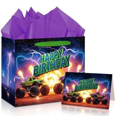 Imagem de Saco grande de presente de aniversário de caminhão monstro de 33 cm com papel de seda e cartão comemorativo para suprimentos de festa de aniversário com tema de caminhão (33 x 10 x 4,9 polegadas)