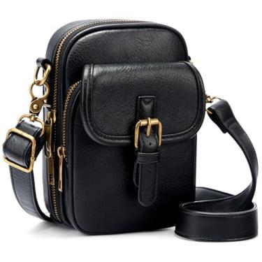 Imagem de Pequena bolsa transversal para celular feminina vintage mini bolsa transversal com compartimentos para cartões, bolsa carteira de telefone de couro vegano, Preto, 7.5 x 5 x 2.8 inches, Mini bolsa