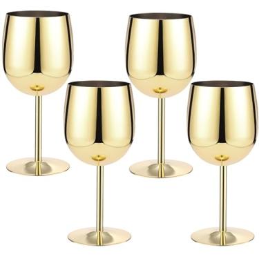 Imagem de Irenare Conjunto de 4 taças de vinho de aço inoxidável douradas de 340 g Taças de vinho com haste portátil inquebrável para festa de aniversário de casamento, viagem, acampamento, piqueniques ao ar