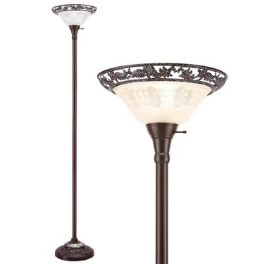 Imagem de Luvkczc Luminária de chão Torchiere para sala de estar – Luminária de chão vitoriana de 178 cm com persiana de vidro gravado, luz de leitura alta de canto vintage para quarto e escritório
