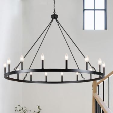 Imagem de Lustre de roda de vagão preto 16 luzes 119.4 cm Lustre de casa de fazenda redondo rústico luminárias penduradas lustres grandes modernos para tetos altos varanda ao ar livre entrada hall de entrada