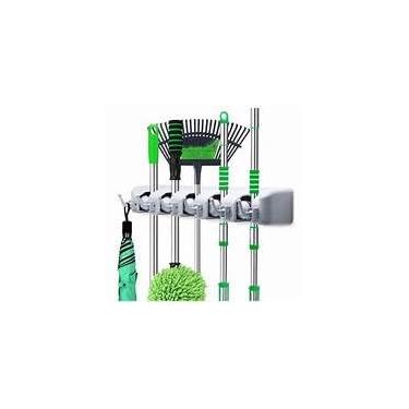 Imagem de Suporte Organizador Multiuso com 6 Ganchos, 15,8 x 2,4 x 3,1 cm, Cinza, Capacidade 8 kg, para Vassouras, Rodos e Utensílios