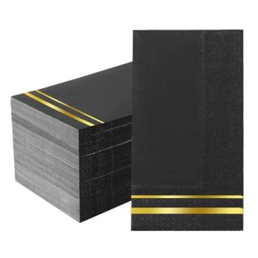 Imagem de Tamone Guardanapos de papel pretos de 3 camadas - guardanapos pretos e dourados descartáveis - Guardanapos pretos de qualidade premium macios e absorventes para o ano novo, casamento e aniversário