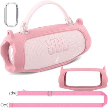 Imagem de co2CREA Capa de silicone para alto-falante Bluetooth JBL Charge 6 portátil, impermeável, capa macia de viagem com alça de ombro, capa protetora para pele (rosa)