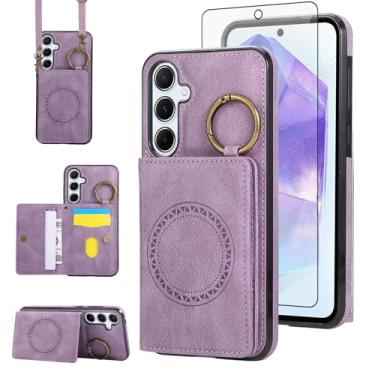 Imagem de Capa carteira compatível com Samsung Galaxy S23 FE 5G e protetor de tela, alça de ombro transversal, fivela anel, suporte de cartão, suporte magnético para carro, capa de telefone para S 23 EF S23FE