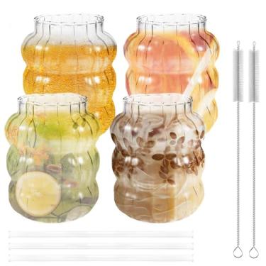 Imagem de ZJRDYYK Pacote com 4 copos de vidro estéticos canelados, copos de café gelado estéticos com canudos, conjunto de copos ondulados de 623 g, copos de coquetel de bebida para suco de café gelado e leite