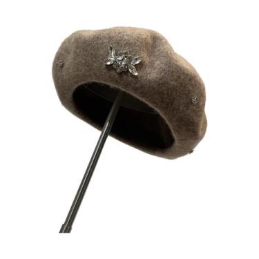 Imagem de Boina Feminina de Lã com Strass - Moda Coreana para Inverno, Moca