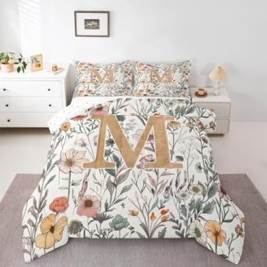 Imagem de jejeloiu Conjunto de edredom casal com letra M, estampa floral, para crianças, meninos, meninas, flores de íris, edredom para decoração de quarto de microfibra, 3 peças com 2 fronhas