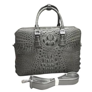 Imagem de Bolsa de ombro masculina clássica com pele de crocodilo genuína exótica cor de couro de jacaré autêntica masculina grande, Cinza, 39cm(Length) x 29cm(Height) x 8.5cm(Deep)