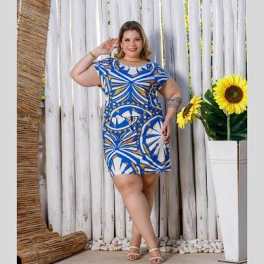 Imagem de Vestido Curto Plus Size Estampado de Verão - Rosana Farcait, Azul, 54