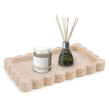 Imagem de EarthenTones Bandeja de mármore para balcão de cozinha, bandeja de mármore travertino de 25 cm, organizador de maquiagem e perfume, bandeja decorativa de servir e prato de vela