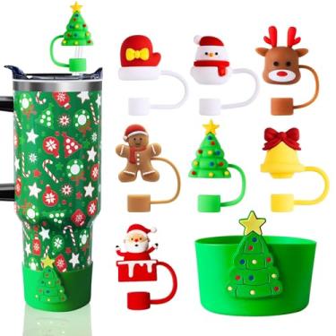 Imagem de 8 peças de cobertura de palha de Natal e capa de bota para Stanley Cup 30 e 1,134 g, capas de palha de silicone de 10 mm, bonés e protetor inferior, acessórios fofos para presente de copo de Natal