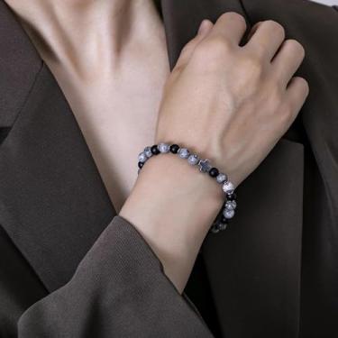 Imagem de Pulseira de contas feita à mão para homens e mulheres, cordão elástico com pedra natural e contas de destaque, joia de pulso ajustável, 7.68Inches, Ágata, Sem Pedra Preciosa