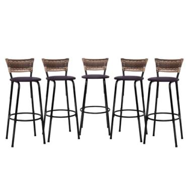 Imagem de Banquetas Altas Junco Cappuccino Estrutura Preta 70cm Para Balcão Cozinha, Bar, Bistrô, Americano Kit 05 Unidades - Itagold (Marrom Escuro)