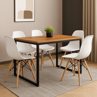 Imagem de Conjunto Mesa De Jantar Retangular Madeira 120x80cm + 4 Cadeiras Brancas Eames Pés De Madeira