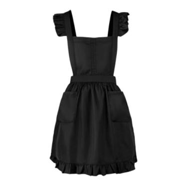 Imagem de Bothyi retrô com babados, estilo empregada doméstica, para mulheres e meninas, com bolsos, Preto