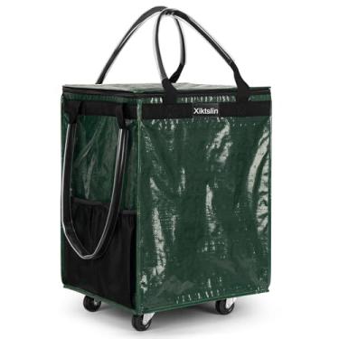 Imagem de (Médio, verde) Bolsa de compras reutilizável com 4 rodas, bolsa dobrável com rodinhas para carrinho de compras de até 30 kg, bolsa com rodinhas com 3 alças, bolsa com zíper e rodinhas para lavanderia