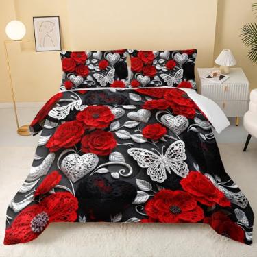 Imagem de QOOMO Jogo de cama Queen com flores vermelhas, desenho animado, plantas e adolescentes, para decoração de quarto de meninos e meninas, leve, todas as estações, 1 edredom e 2 fronhas