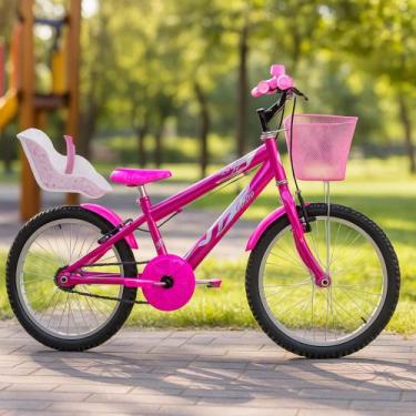 Imagem de bicicleta infantil feminina aro 20 com cacessórios e cadeirinha de bon