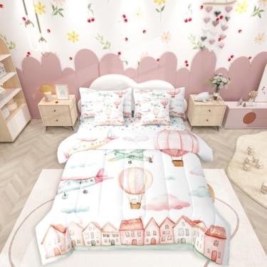 Imagem de Erosebridal Jogo de cama solteiro com desenho de avião, 7 peças, rosa, para quarto de meninas, jovens, mulheres, gato, rosa, balão de ar quente em uma bolsa, conjunto de cama de nuvem colorida