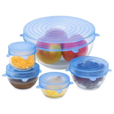 Imagem de Kit 6 Tampas de Silicone Tamanho Universal Reutilizável | Veda Hermético para Potes, Tigelas, Frutas e Panelas | Multiuso, Flexível, Econômico e Sustentável – Azul ou Branco Sortido