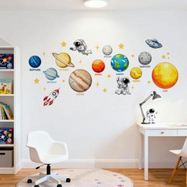 Imagem de Peacoblue Adesivos de parede do sistema solar, decalques para decoração removível, 2 folhas 30 x 96 cm, murais de parede de vinil para quarto, sala de costura, banheiro, sala de aula