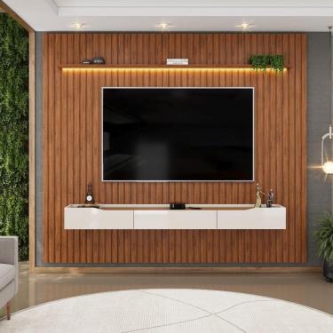 Imagem de Painel P/ Tv Até 90 Polegadas Ripado Autêntico Com Led Montreal Com Nicho Efraín Madeirado/off White