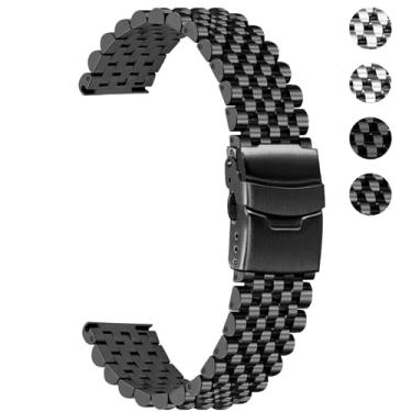 Imagem de YISIWERA Pulseira de relógio de aço inoxidável com 7 contas, 20 mm, 22 mm, liberação rápida, para homens e mulheres, pulseira de relógio de metal com fivela dobrável (preto fosco, 20 mm)