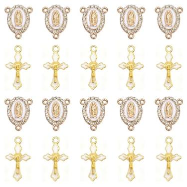 Imagem de Jiali Q Kit de confecção de terço de 60 peças, componentes de joias religiosas em tom dourado com conectores de strass de cristal e pingentes de crucifixo esmaltado, centros de 2,4 x 2,1 cm (branco)
