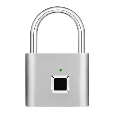 Imagem de Cadeado Biométrico com Impressão Digital Cinza – Desbloqueio por Toque, Recarregável USB, Resistente à Água e Ferrugem, Alta Segurança para Armários, Malas e Portões