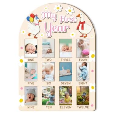 Imagem de ORIGACH Quadro de exibição de fotos My First Year Baby Growth, quadro de lembrança de madeira para recém-nascidos de 12 meses para decoração de primeiro aniversário e berçário, ganso