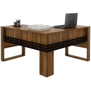 Imagem de Mesa De Canto Para Escritório Em L Angular Detalhe Ripado Nogal/preto