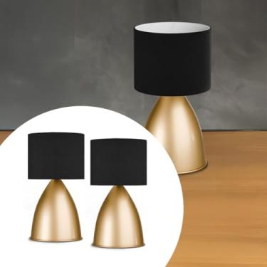 Imagem de Kit 2 Abajur de Mesa Clássico Dourado Bojudo Com Cupula Algodao Preta Para Decoração Casa, Sala e Cabeceira, Cama, Quarto, ou Escritório