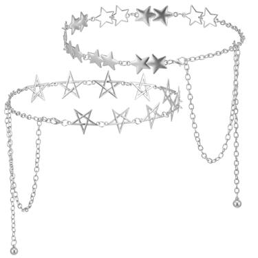 Imagem de XLIUAX Pacote com 2 cintos de estrela, corrente de cintura Y2K, corrente de barriga de prata, cinto de metal ajustável, cintos punk, correntes de cintura estrelas, acessórios decorativos para jeans